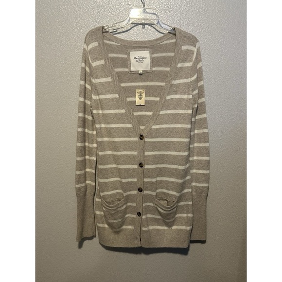 NWT Abercrombie & Fitch Women Y2K Stripped Rabbit Hair Beige White Cardigan sz.L - Picture 1 of 6